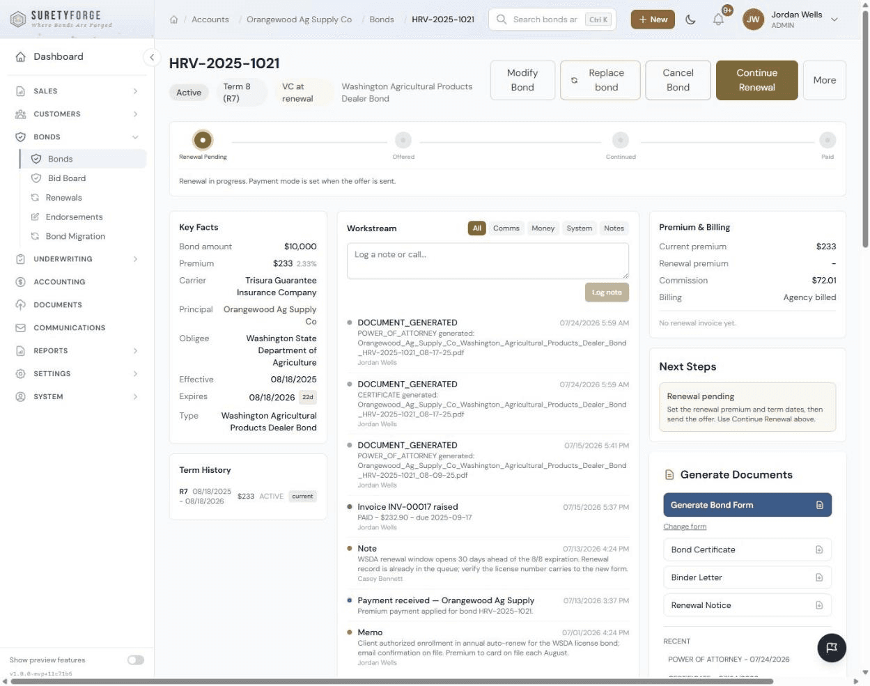 A SuretyForge bond record showing the renewal lifecycle rail, key facts, a full workstream audit trail of generated documents and payments, and one-click document generation