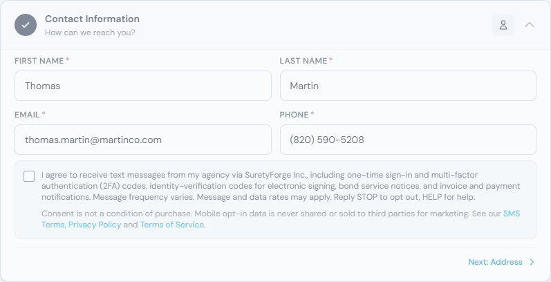 The contact step of a SuretyForge bond application, showing the phone number field and an unchecked SMS consent checkbox carrying the consent language, a note that consent is not required to get a quote or buy a bond, and links to the SMS Terms, Privacy Policy and Terms of Service.
